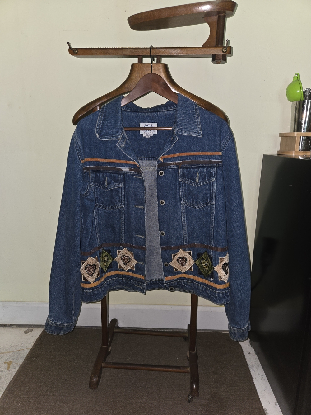 Embroidered Dark Blue Denim Jacket with Geometric Trim